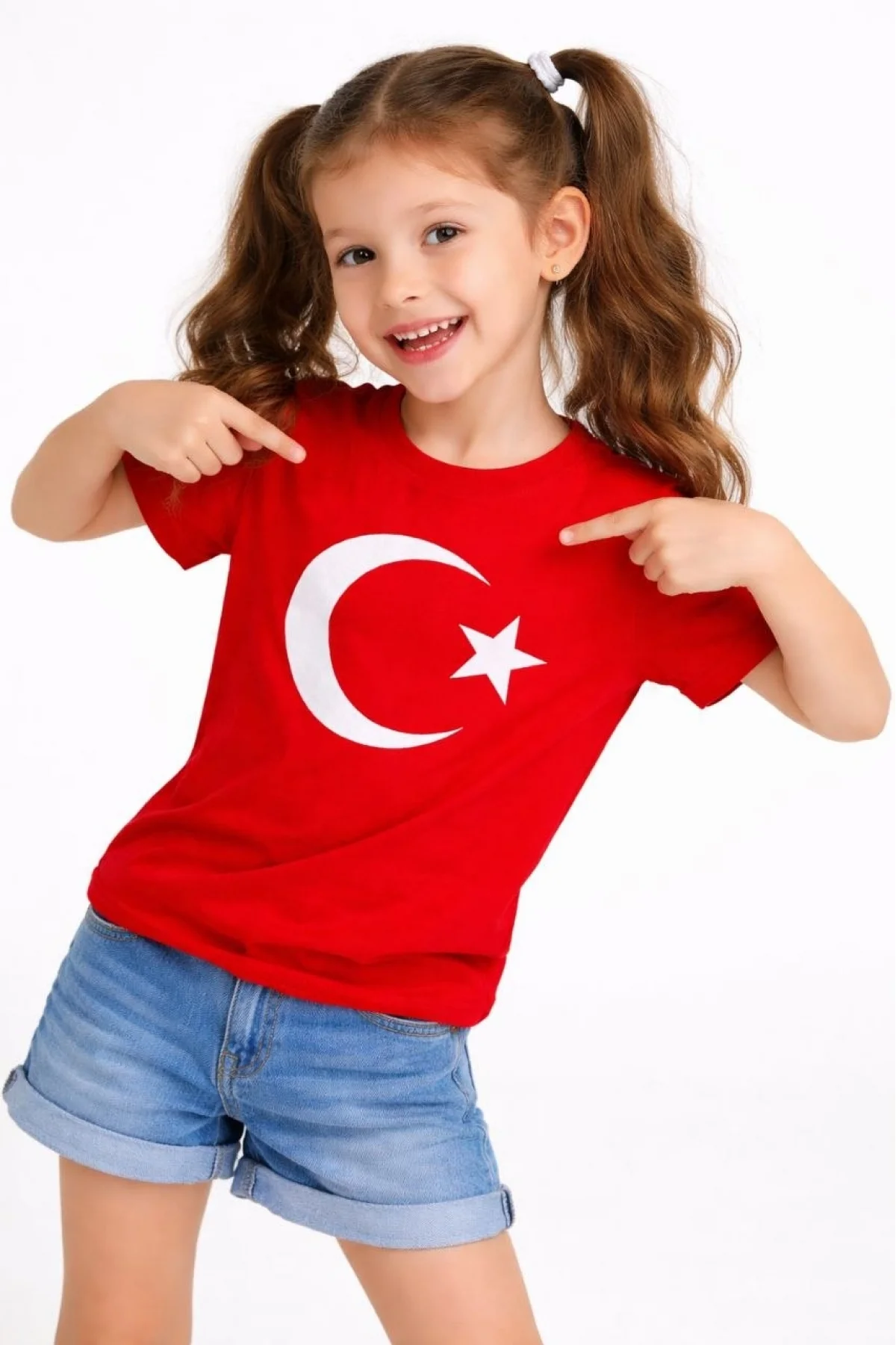 Kız Çocuk Tişört Bisiklet Yaka Ay Yıldız Bayrak Baskılı T-Shirt - Kırmızı