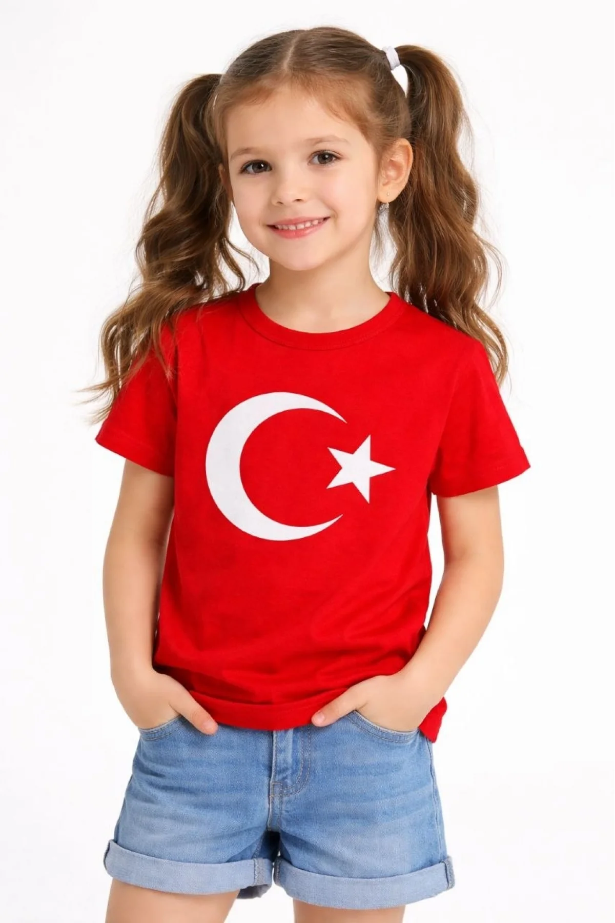 Kız Çocuk Tişört Bisiklet Yaka Ay Yıldız Bayrak Baskılı T-Shirt - Kırmızı