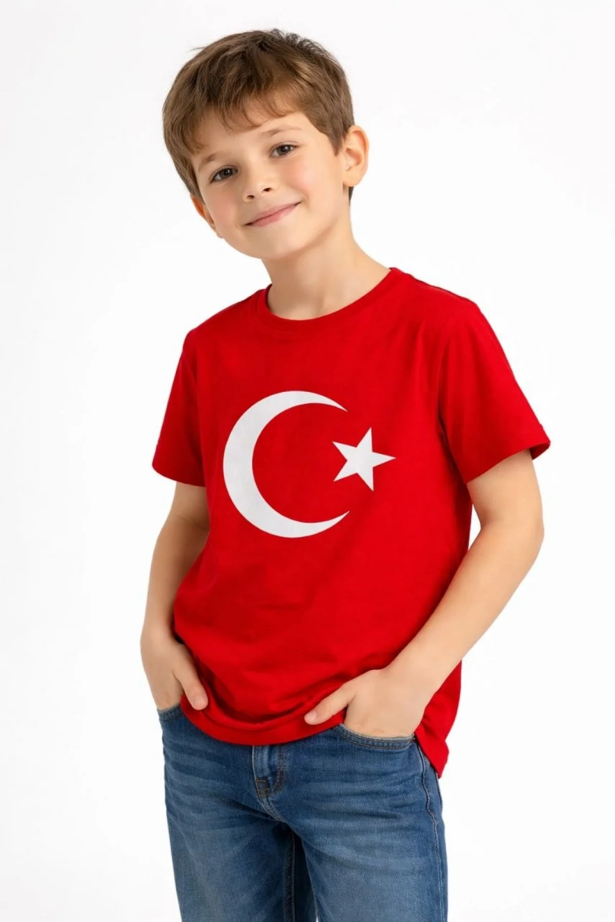 Erkek Çocuk Tişört Bisiklet Yaka Ay Yıldız Bayrak Baskılı T-Shirt - Kırmızı