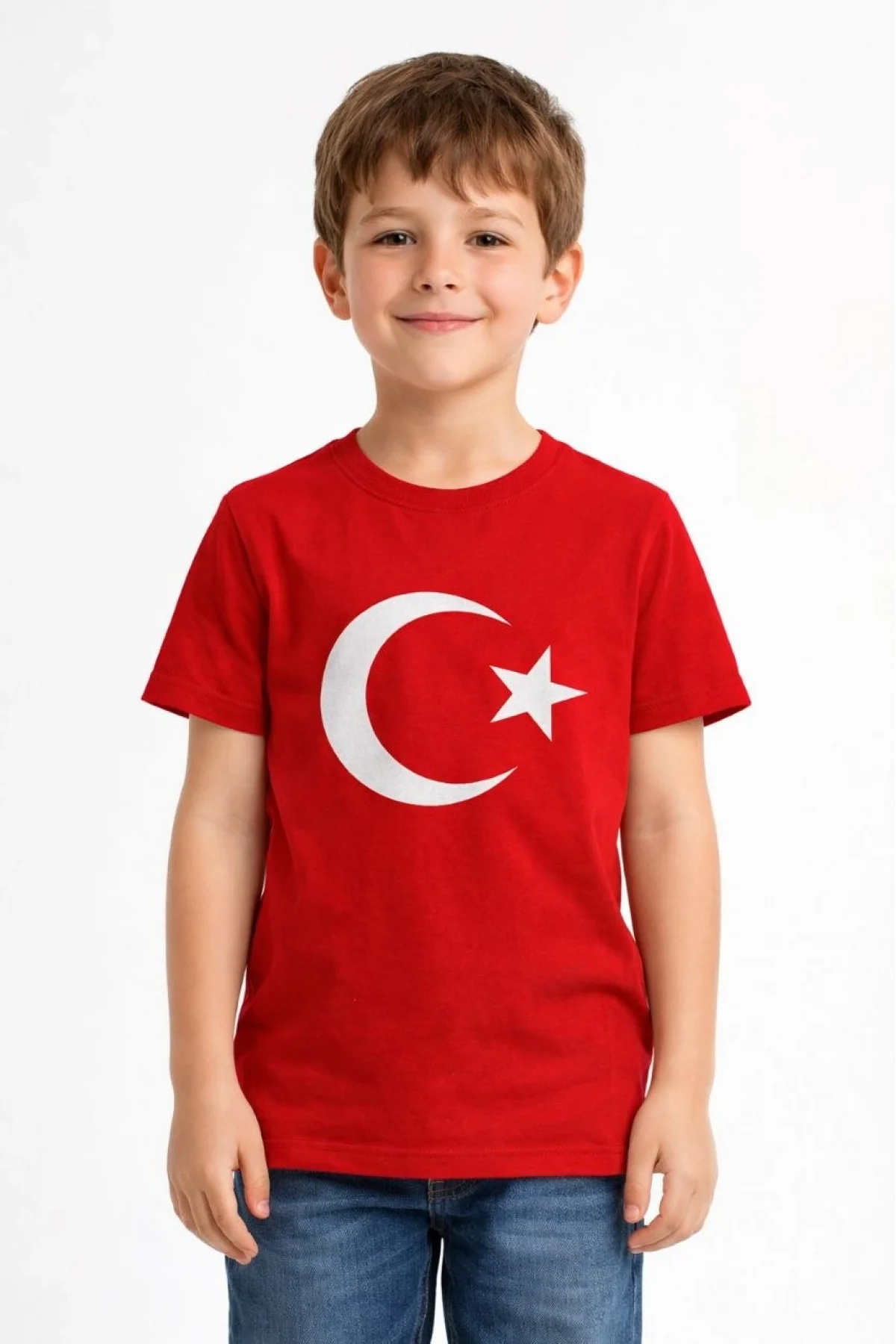 Erkek Çocuk Tişört Bisiklet Yaka Ay Yıldız Bayrak Baskılı T-Shirt - Kırmızı