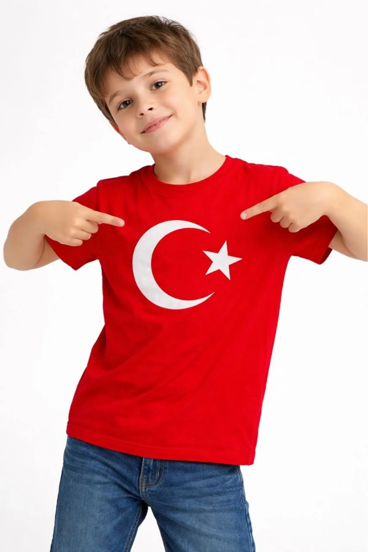 Erkek Çocuk Tişört Bisiklet Yaka Ay Yıldız Bayrak Baskılı T-Shirt - Kırmızı