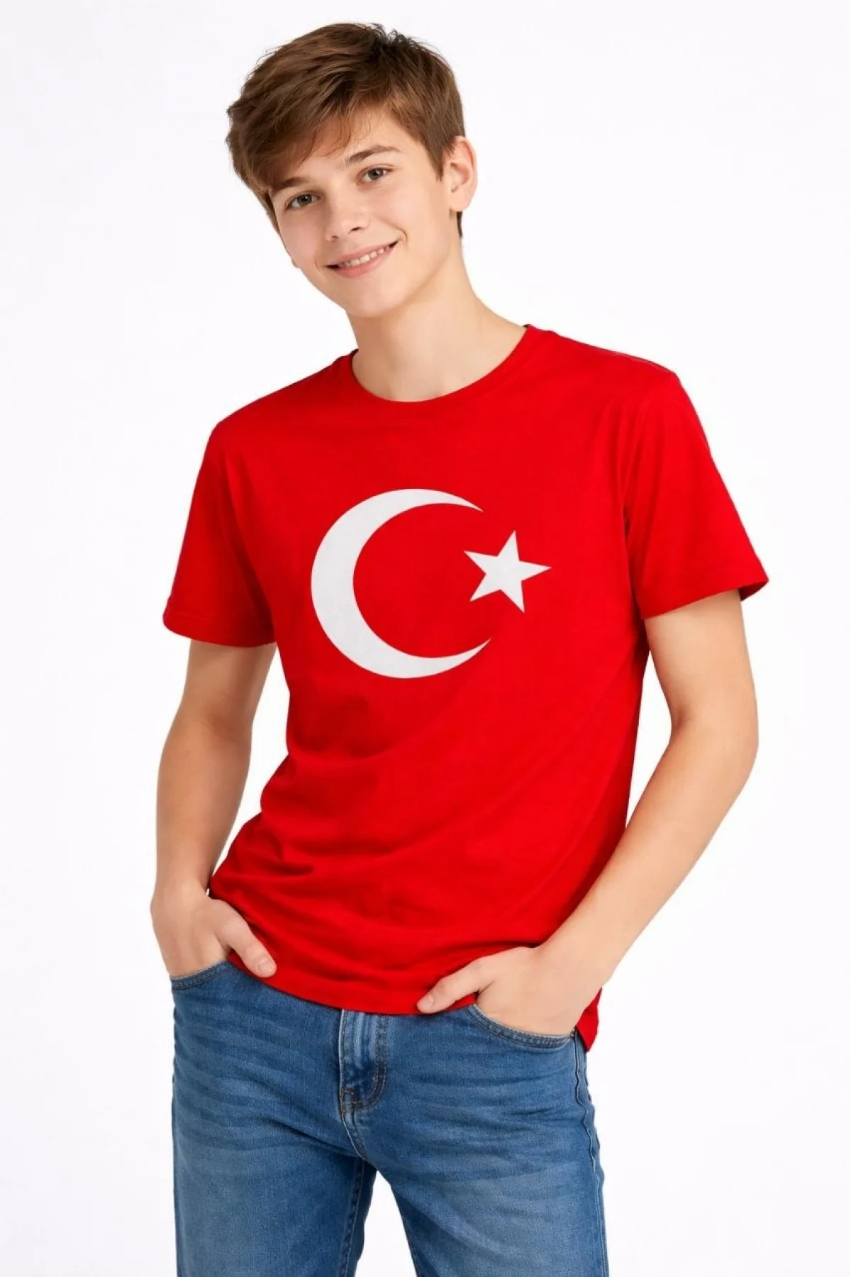 Erkek Çocuk Tişört Bisiklet Yaka Ay Yıldız Bayrak Baskılı T-Shirt - Kırmızı