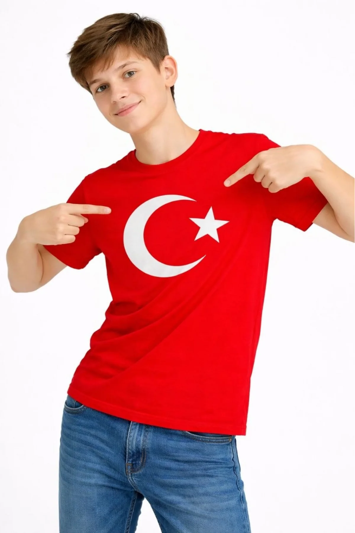 Erkek Çocuk Tişört Bisiklet Yaka Ay Yıldız Bayrak Baskılı T-Shirt - Kırmızı