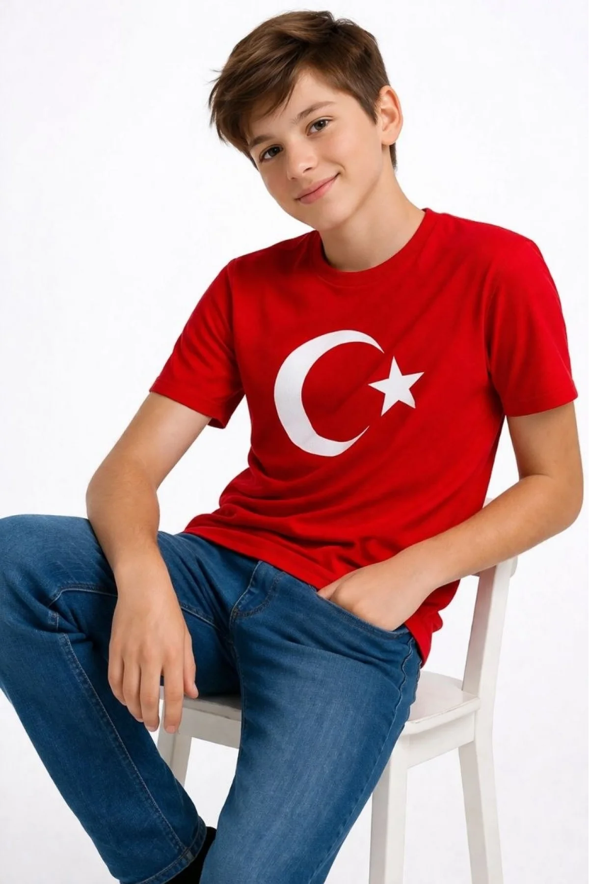 Erkek Çocuk Tişört Bisiklet Yaka Ay Yıldız Bayrak Baskılı T-Shirt - Kırmızı