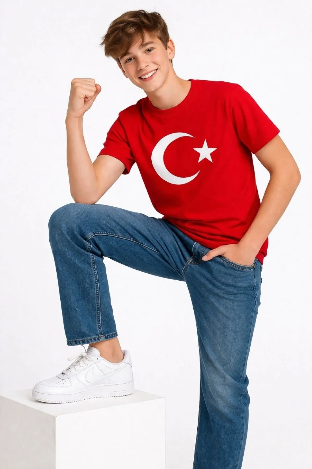 Erkek Çocuk Tişört Bisiklet Yaka Ay Yıldız Bayrak Baskılı T-Shirt - Kırmızı