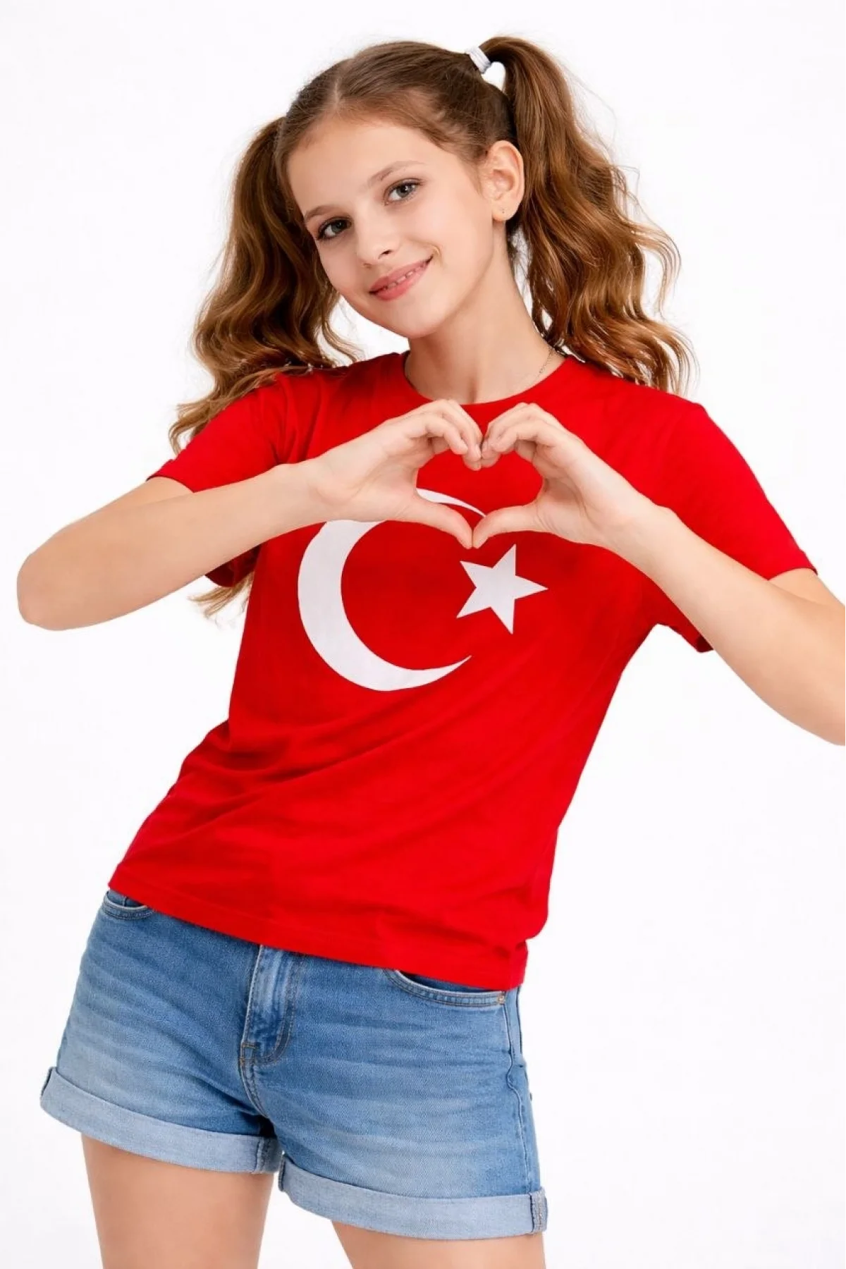 Kız Çocuk Tişört Bisiklet Yaka Ay Yıldız Bayrak Baskılı T-Shirt - Kırmızı