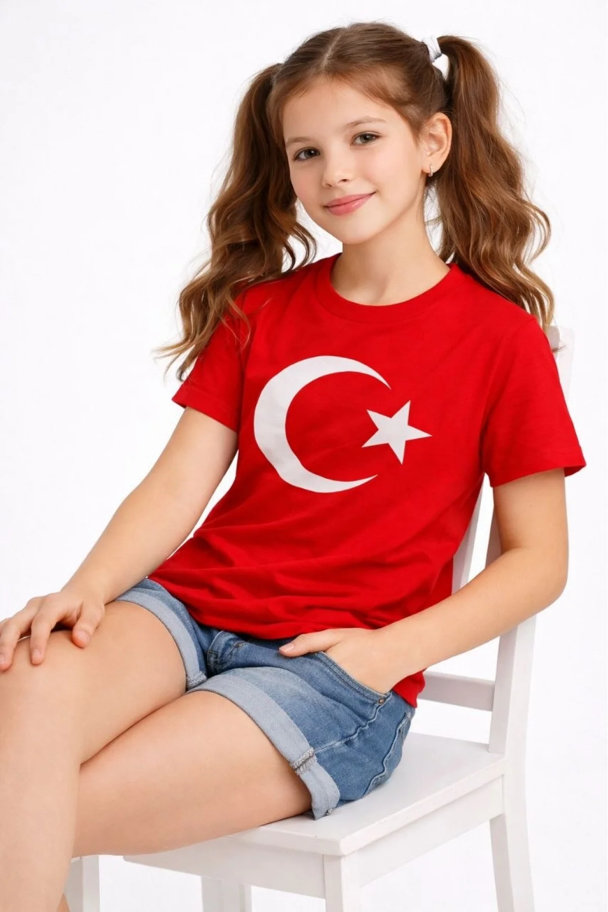Kız Çocuk Tişört Bisiklet Yaka Ay Yıldız Bayrak Baskılı T-Shirt - Kırmızı