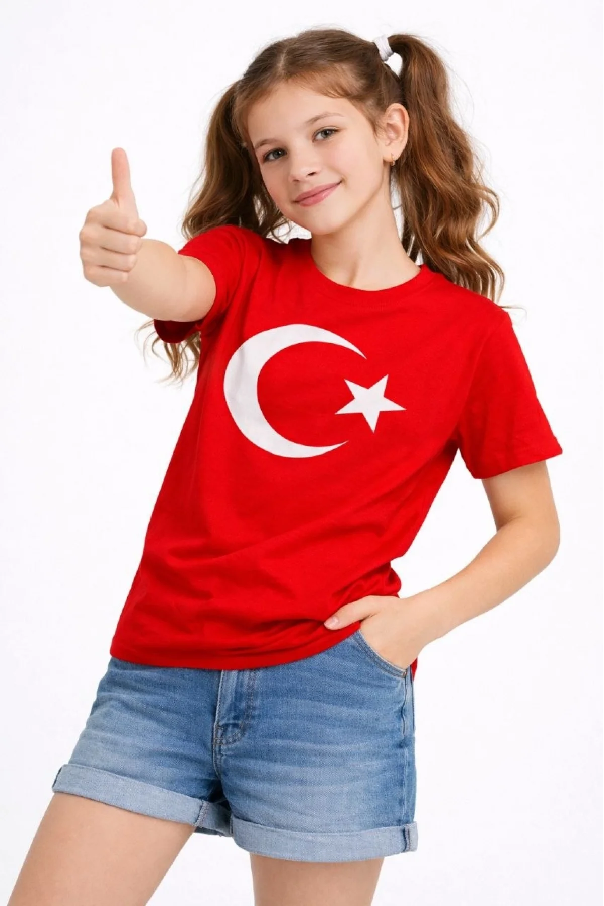 Kız Çocuk Tişört Bisiklet Yaka Ay Yıldız Bayrak Baskılı T-Shirt - Kırmızı