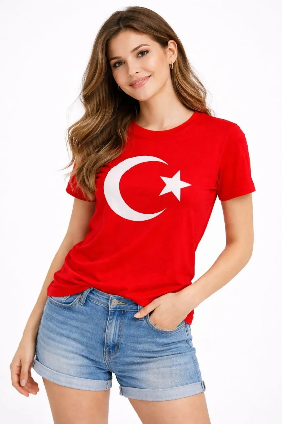 Kadın T-Shirt Kısa Kol Bisiklet Yaka Ay Yıldız Bayrak Baskılı Tişört - Kırmızı