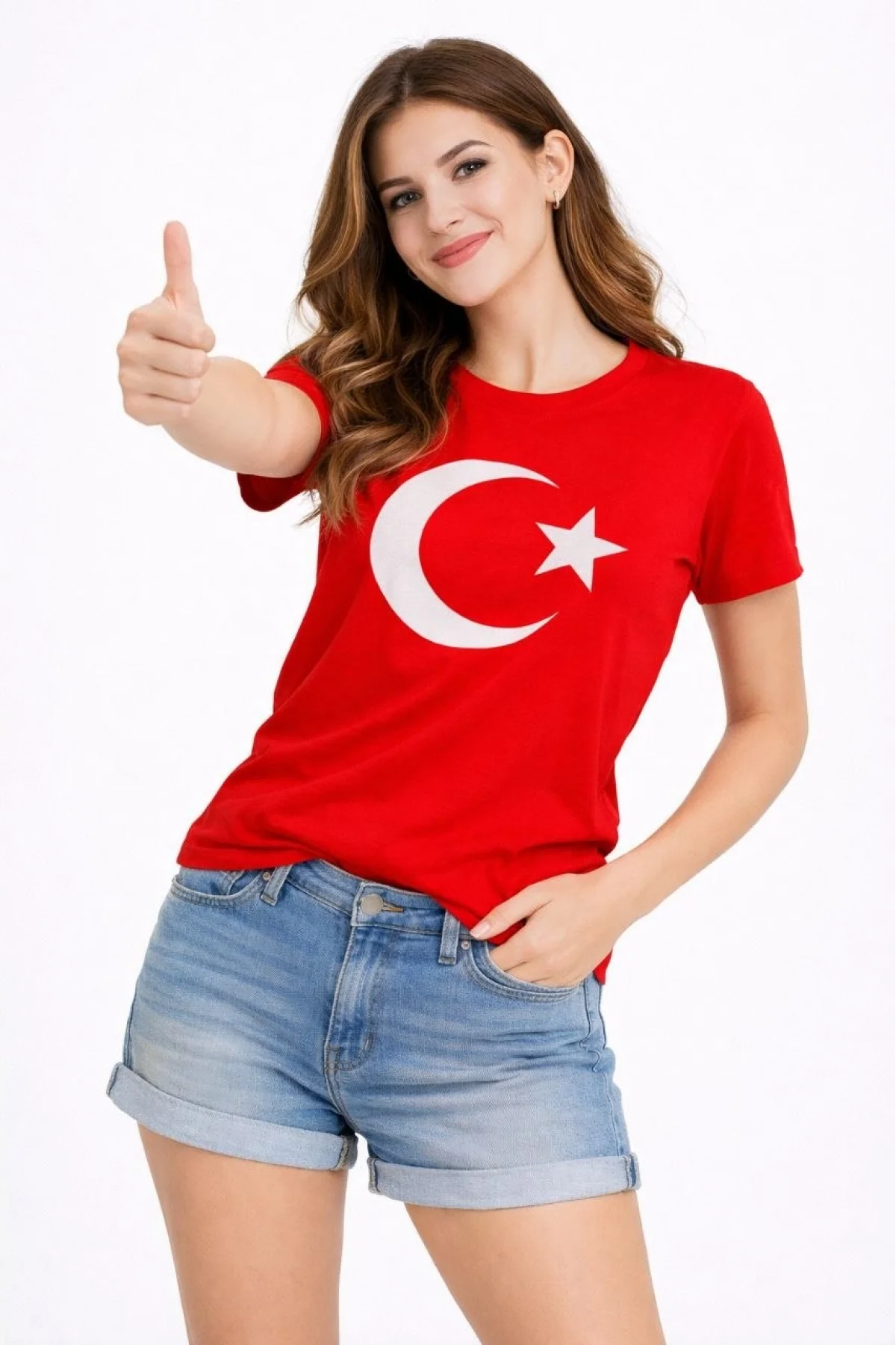 Kadın T-Shirt Kısa Kol Bisiklet Yaka Ay Yıldız Bayrak Baskılı Tişört - Kırmızı