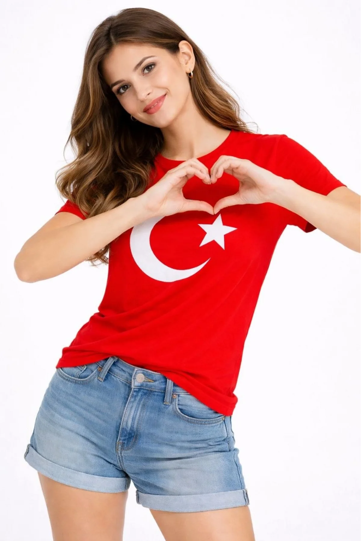 Kadın T-Shirt Kısa Kol Bisiklet Yaka Ay Yıldız Bayrak Baskılı Tişört - Kırmızı