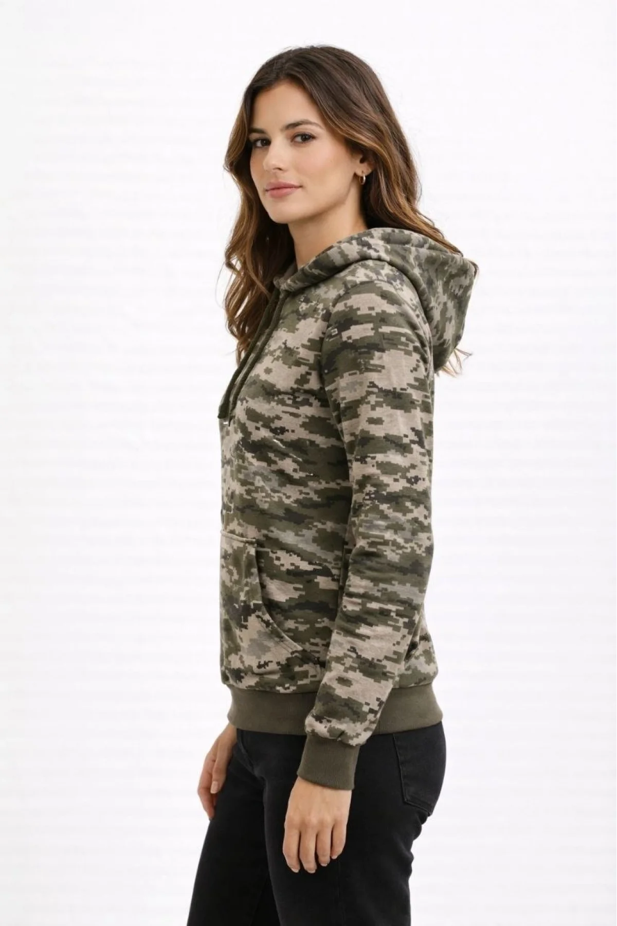 Kadın Kamuflaj Desenli 2 İplik 4 Mevsim Kapüşonlu Kanguru Cepli Hoodie Sweatshirt - Kamuflaj