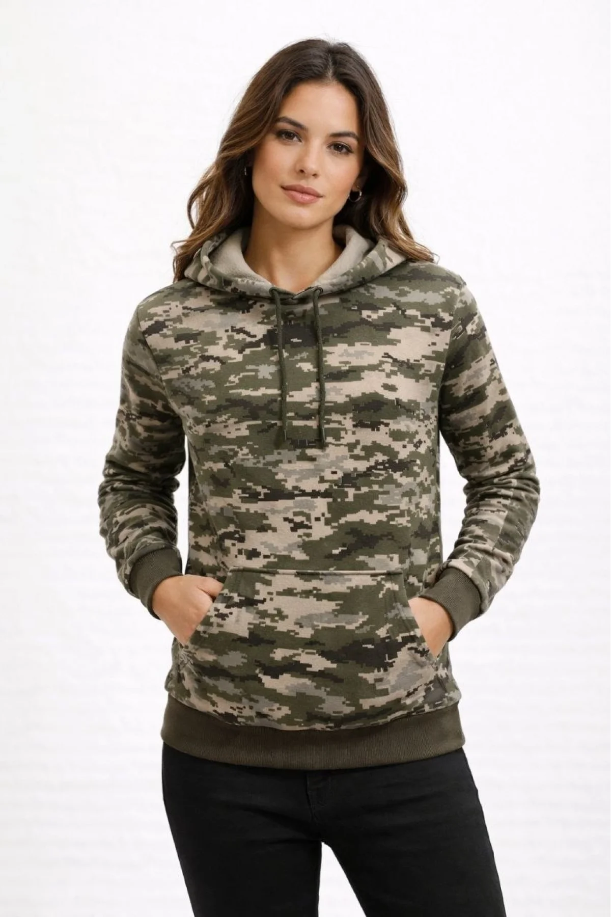 Kadın Kamuflaj Desenli 2 İplik 4 Mevsim Kapüşonlu Kanguru Cepli Hoodie Sweatshirt - Kamuflaj