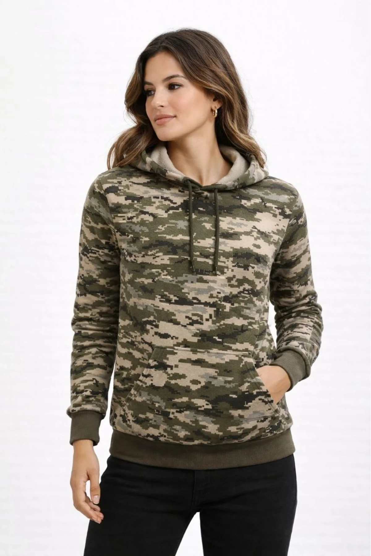 Kadın Kamuflaj Desenli 2 İplik 4 Mevsim Kapüşonlu Kanguru Cepli Hoodie Sweatshirt - Kamuflaj