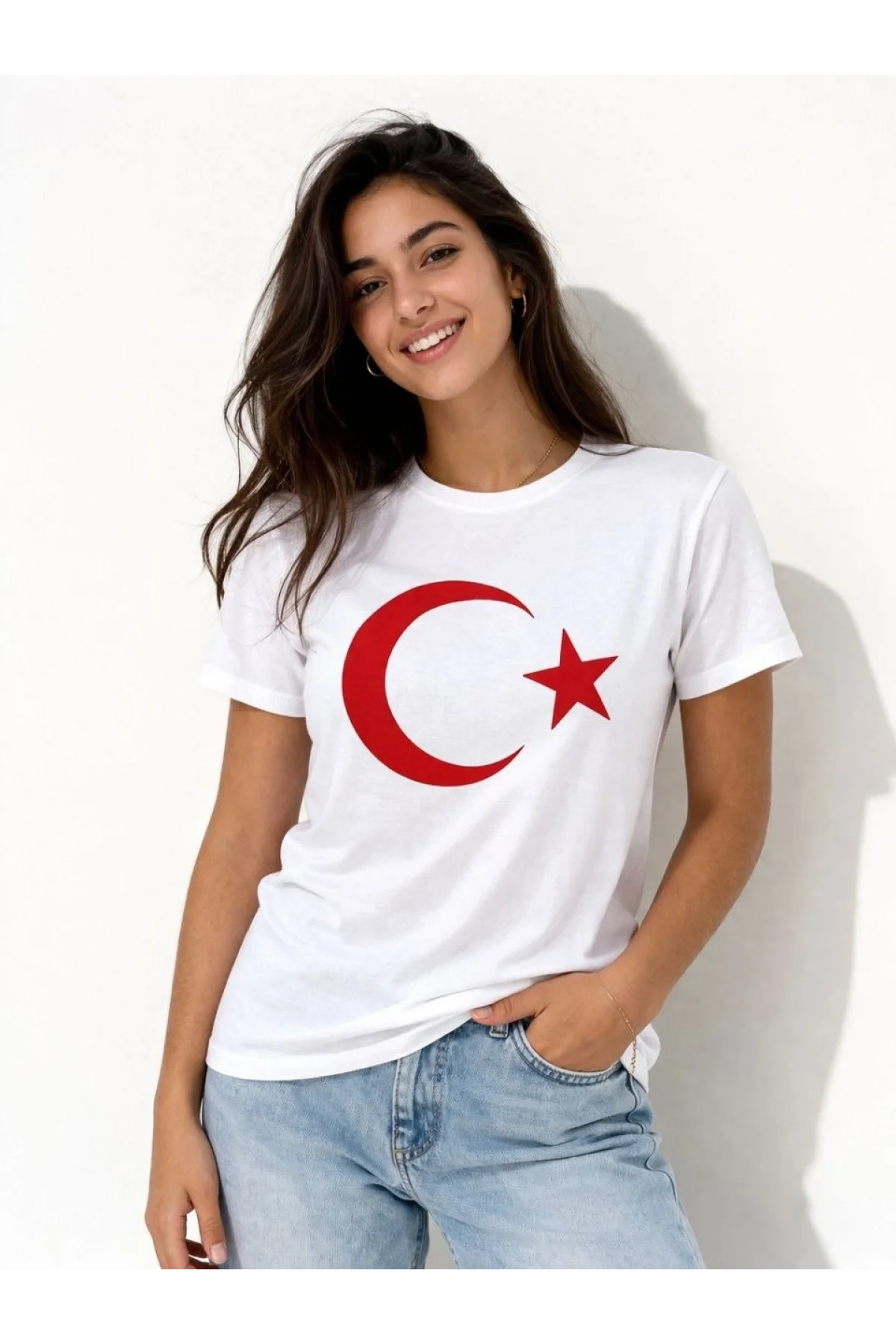 Kadın T-Shirt Kısa Kol Bisiklet Yaka Ay Yıldız Bayrak Baskılı Tişört - Beyaz