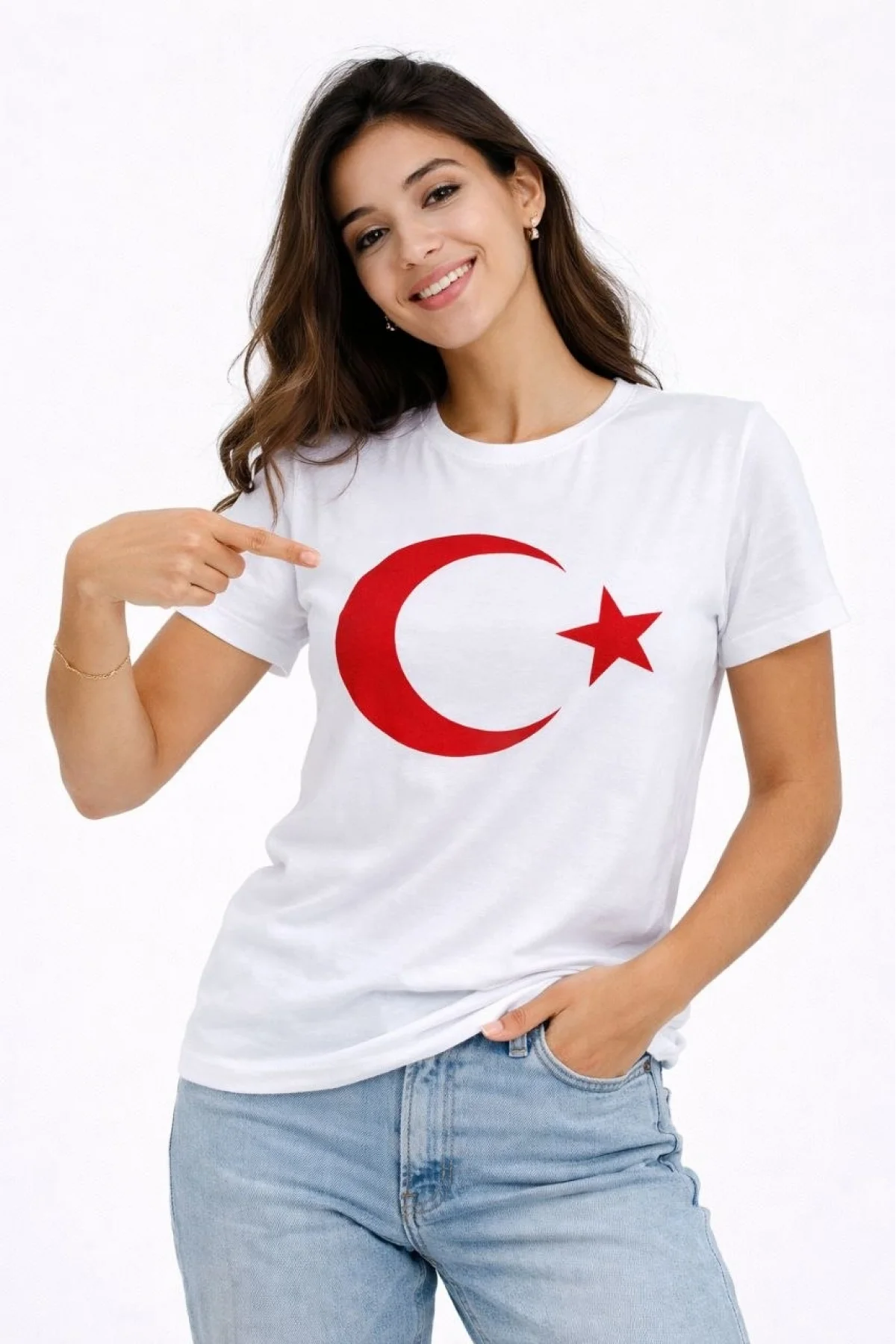 Kadın T-Shirt Kısa Kol Bisiklet Yaka Ay Yıldız Bayrak Baskılı Tişört - Beyaz