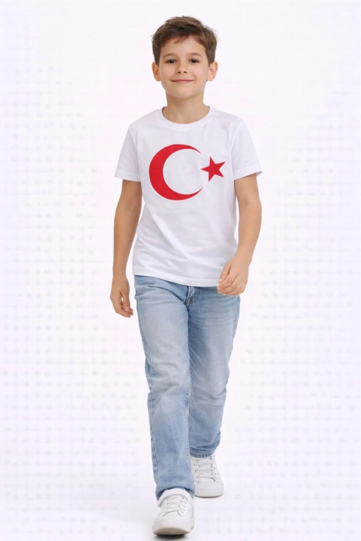 Erkek Çocuk Tişört Bisiklet Yaka Ay Yıldız Bayrak Baskılı T-Shirt - Beyaz