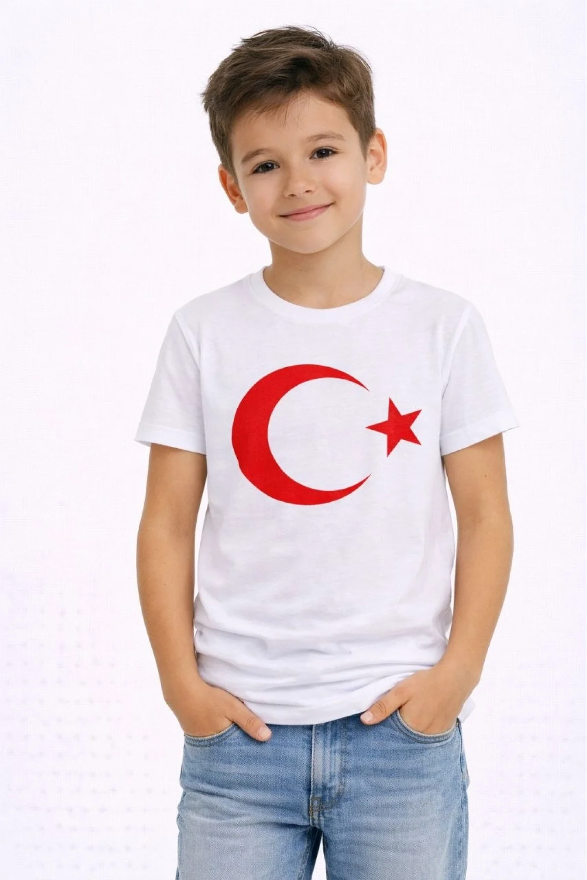Erkek Çocuk Tişört Bisiklet Yaka Ay Yıldız Bayrak Baskılı T-Shirt - Beyaz