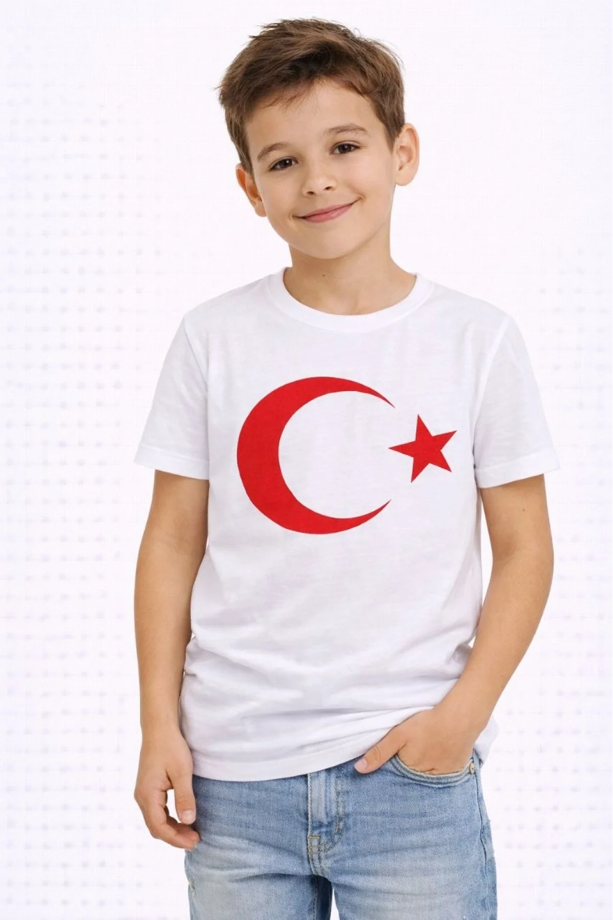 Erkek Çocuk Tişört Bisiklet Yaka Ay Yıldız Bayrak Baskılı T-Shirt - Beyaz