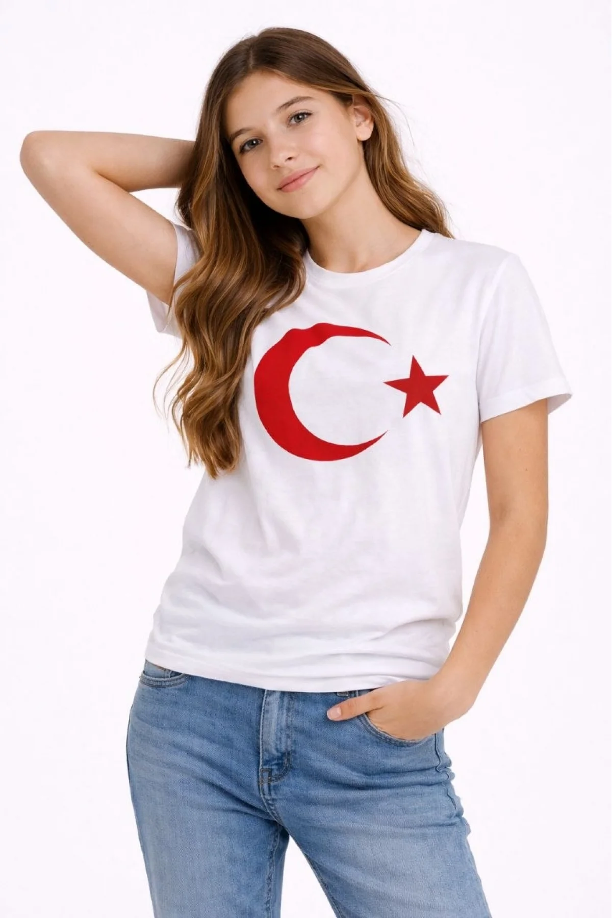 Kız Çocuk Tişört Bisiklet Yaka Ay Yıldız Bayrak Baskılı T-Shirt - Beyaz