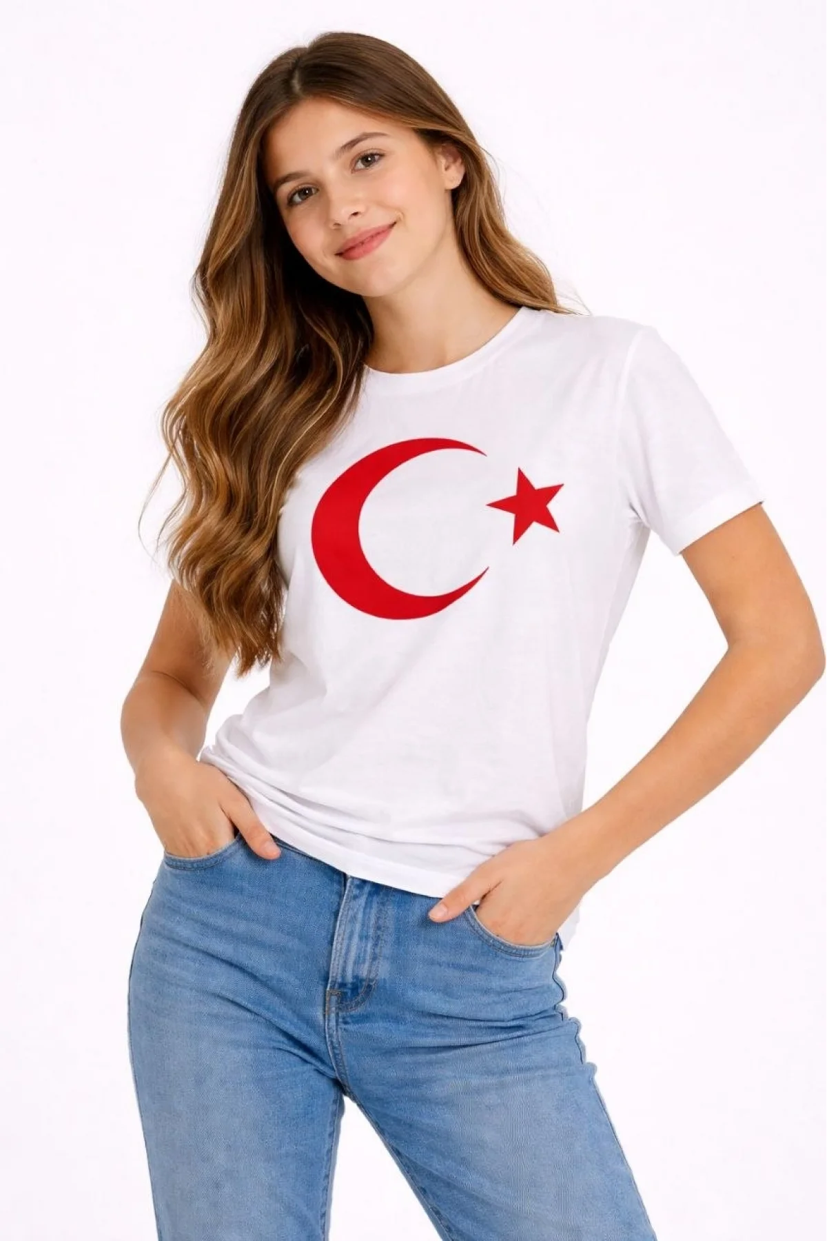 Kız Çocuk Tişört Bisiklet Yaka Ay Yıldız Bayrak Baskılı T-Shirt - Beyaz