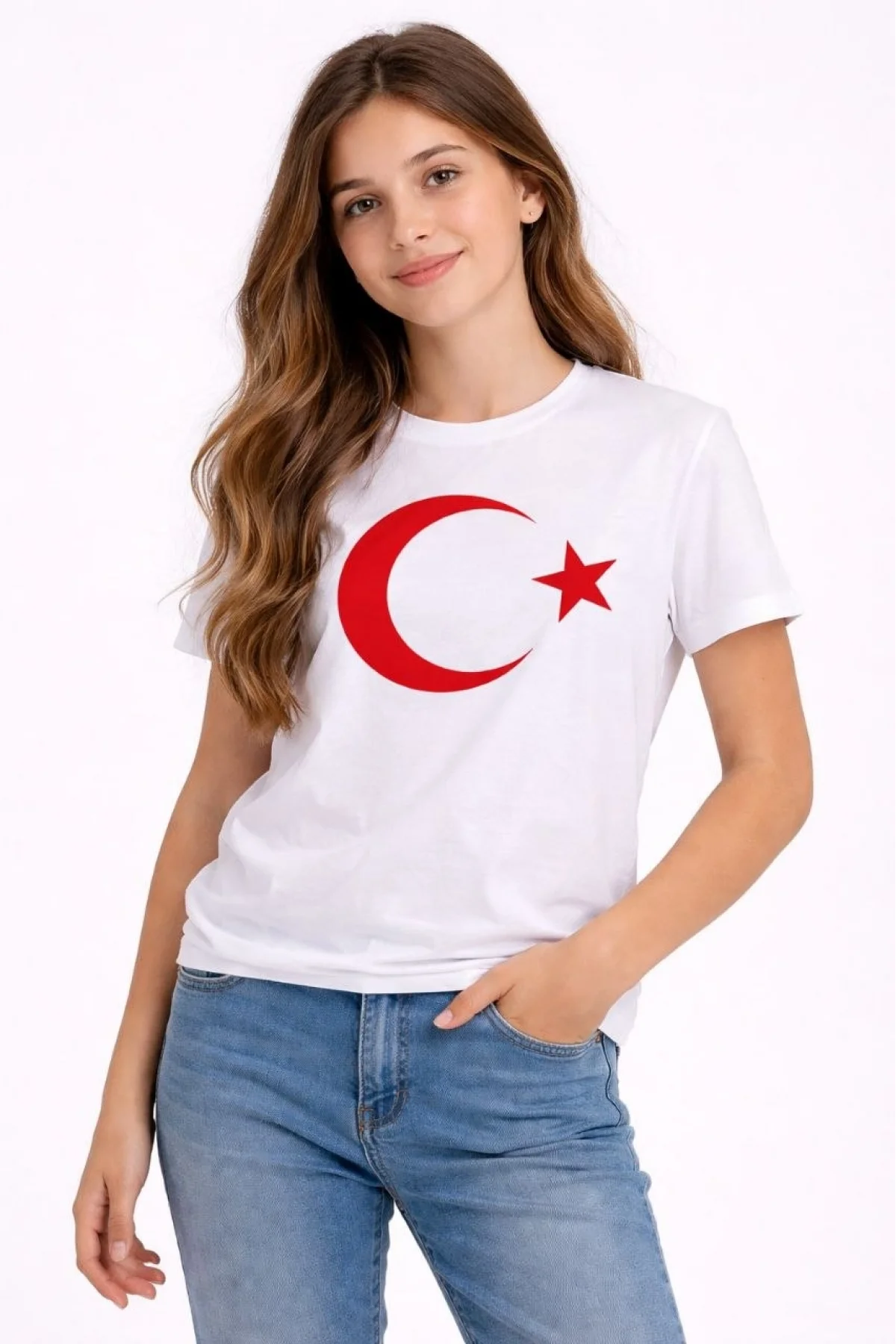 Kız Çocuk Tişört Bisiklet Yaka Ay Yıldız Bayrak Baskılı T-Shirt - Beyaz