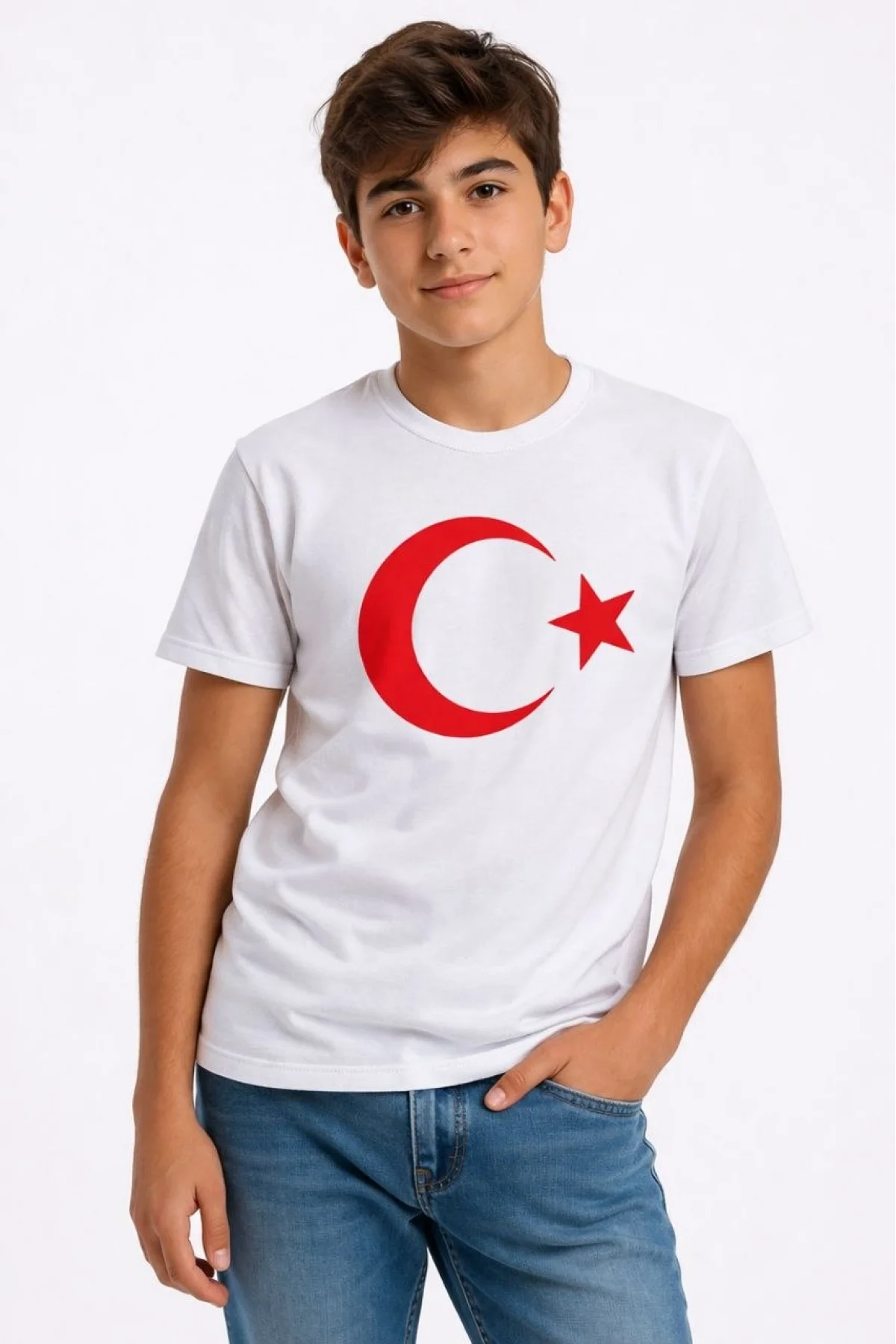 Erkek Çocuk Tişört Bisiklet Yaka Ay Yıldız Bayrak Baskılı T-Shirt - Beyaz