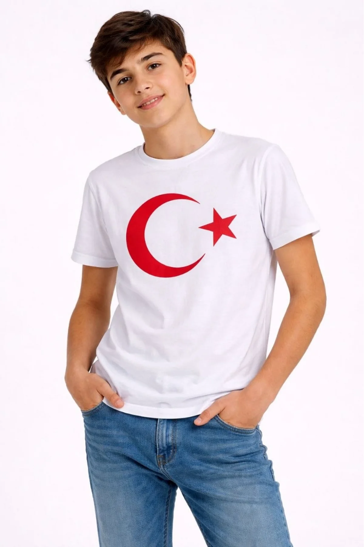 Erkek Çocuk Tişört Bisiklet Yaka Ay Yıldız Bayrak Baskılı T-Shirt - Beyaz