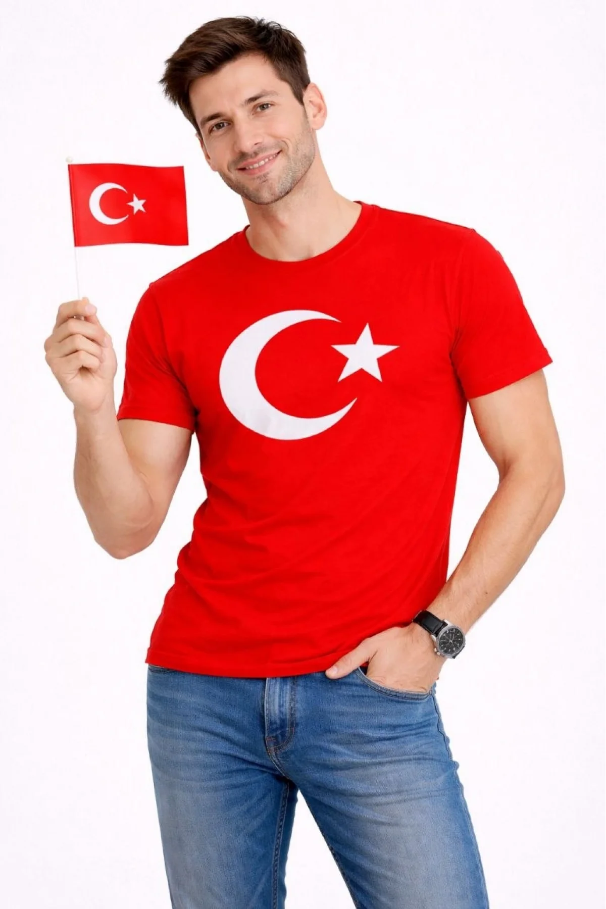 Erkek T-Shirt Kısa Kol Bisiklet Yaka Ay Yıldız Bayrak Baskılı Tişört - Kırmızı