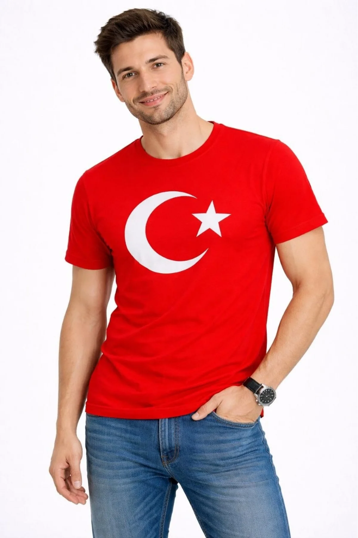 Erkek T-Shirt Kısa Kol Bisiklet Yaka Ay Yıldız Bayrak Baskılı Tişört - Kırmızı