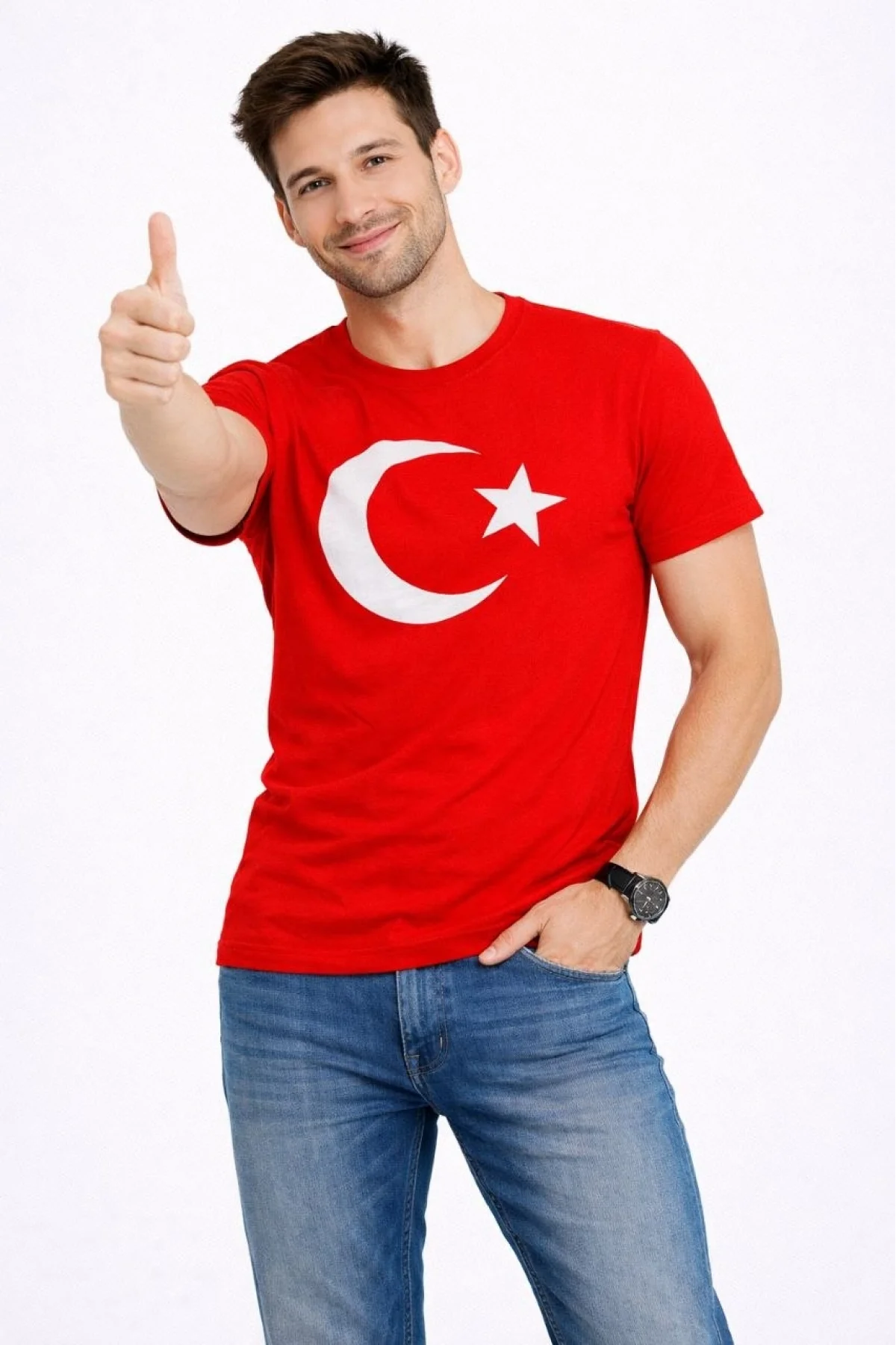 Erkek T-Shirt Kısa Kol Bisiklet Yaka Ay Yıldız Bayrak Baskılı Tişört - Kırmızı