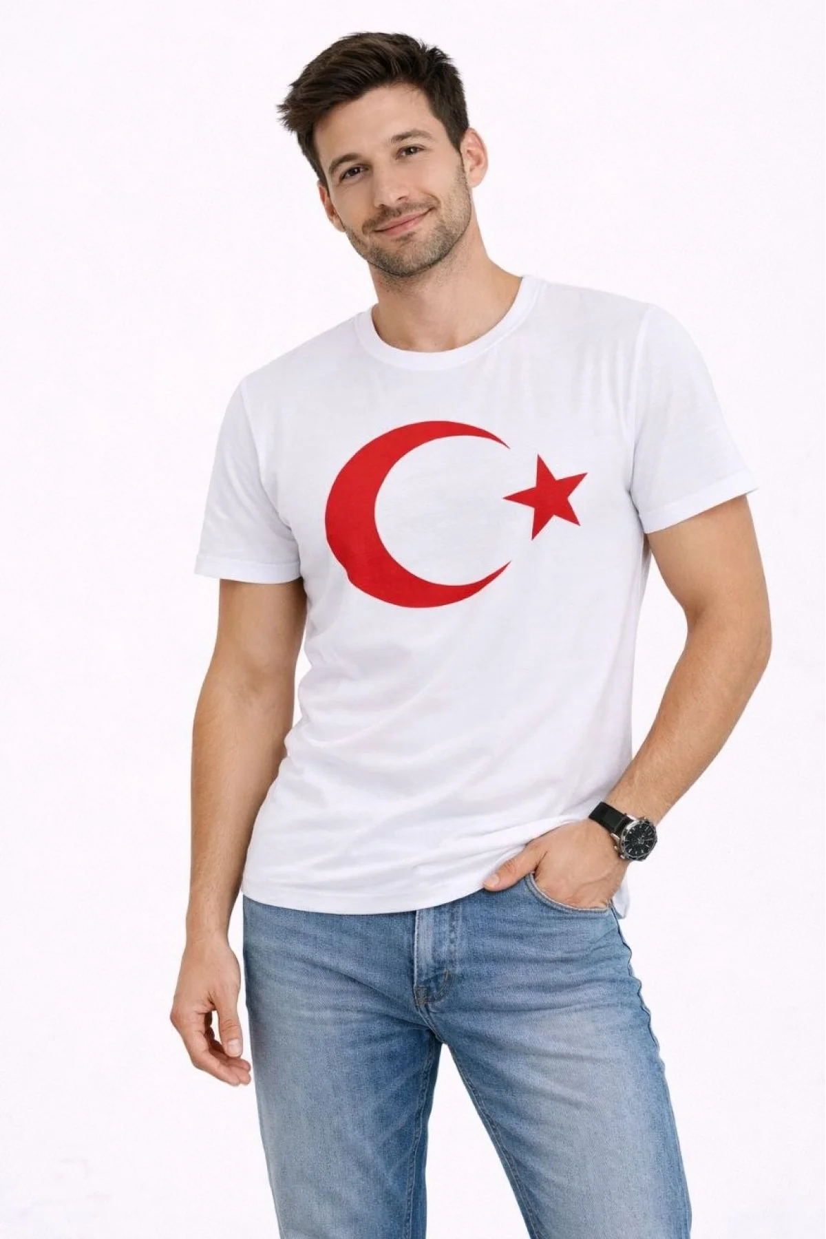 Erkek T-Shirt Kısa Kol Bisiklet Yaka Ay Yıldız Bayrak Baskılı Tişört - Beyaz