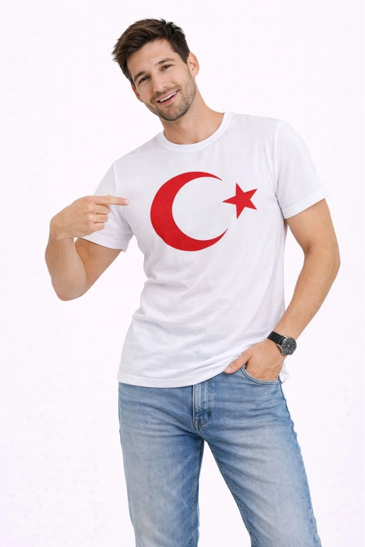 Erkek T-Shirt Kısa Kol Bisiklet Yaka Ay Yıldız Bayrak Baskılı Tişört - Beyaz