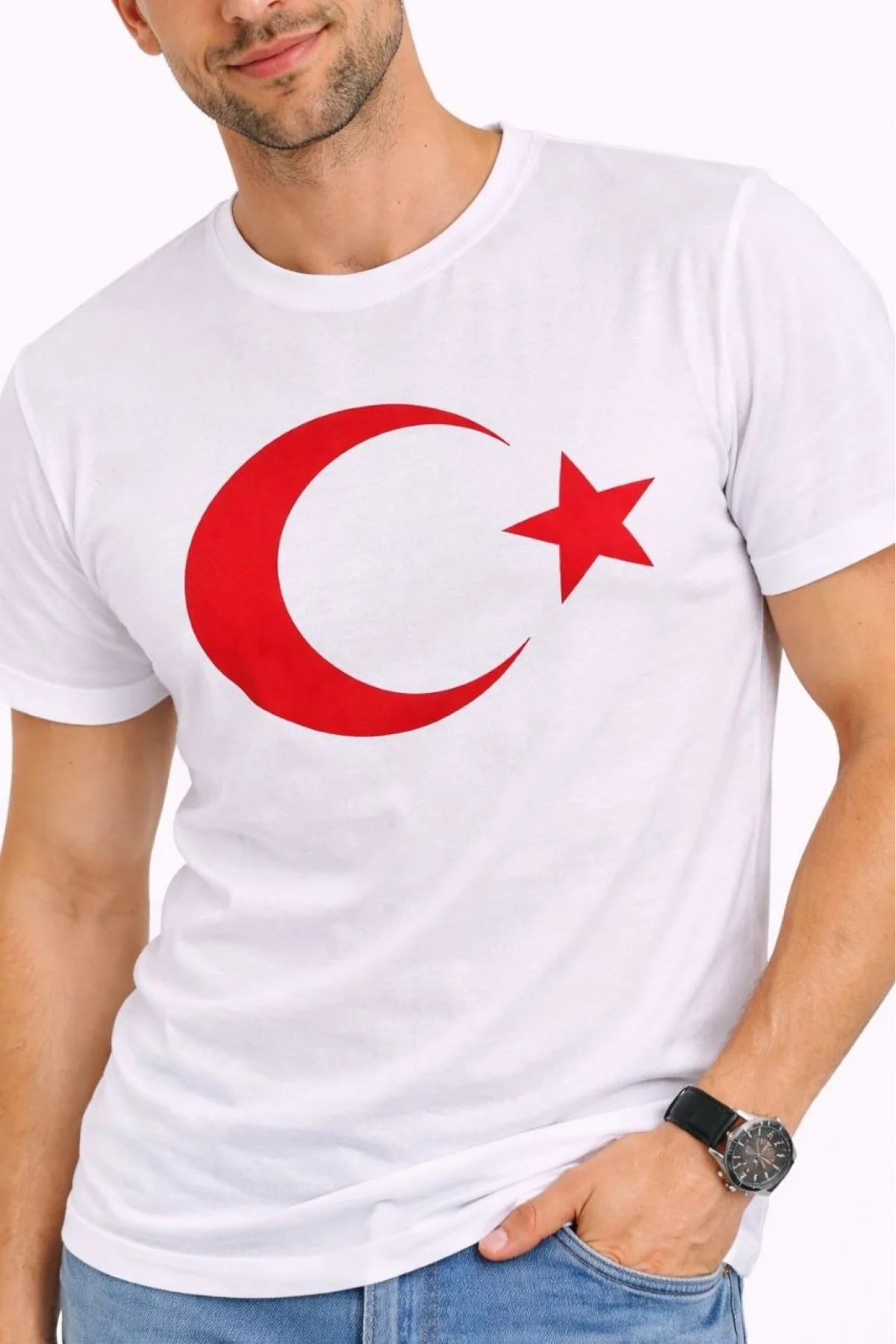 Erkek T-Shirt Kısa Kol Bisiklet Yaka Ay Yıldız Bayrak Baskılı Tişört - Beyaz