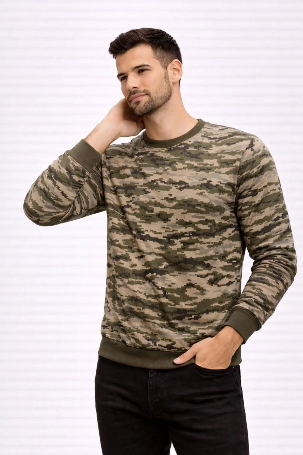 Erkek Kamuflaj Desenli 2 İplik 4 Mevsim Uzun Kollu Bisiklet Yaka Sweatshirt - Kamuflaj