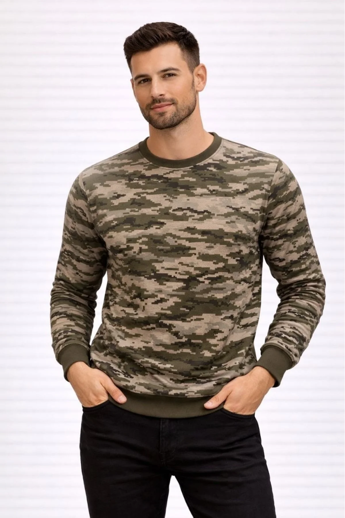 Erkek Kamuflaj Desenli 2 İplik 4 Mevsim Uzun Kollu Bisiklet Yaka Sweatshirt - Kamuflaj