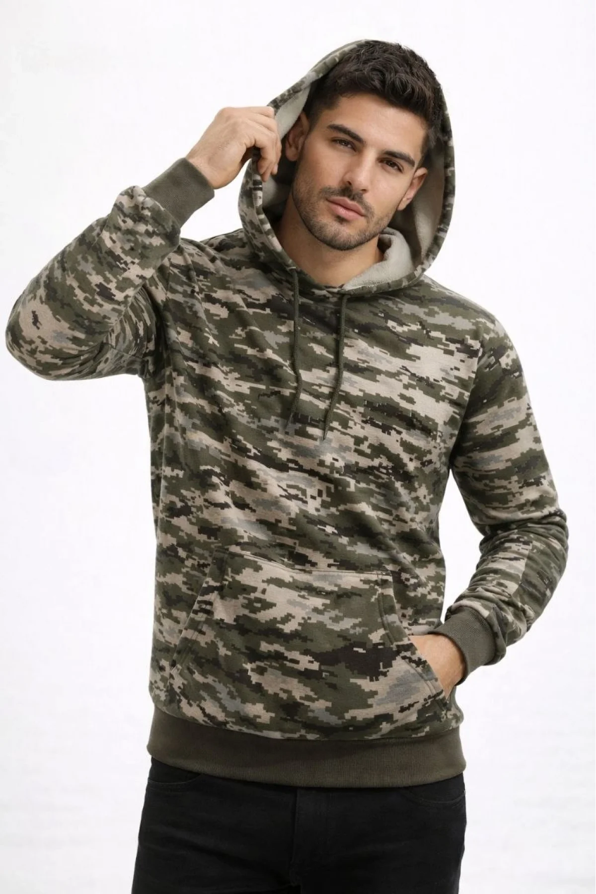 Erkek Kamuflaj Desenli 2 İplik 4 Mevsim Kapüşonlu Kanguru Cepli Hoodie Sweatshirt - Kamuflaj