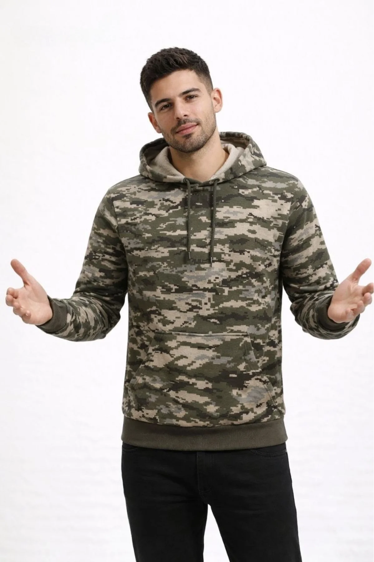 Erkek Kamuflaj Desenli 2 İplik 4 Mevsim Kapüşonlu Kanguru Cepli Hoodie Sweatshirt - Kamuflaj