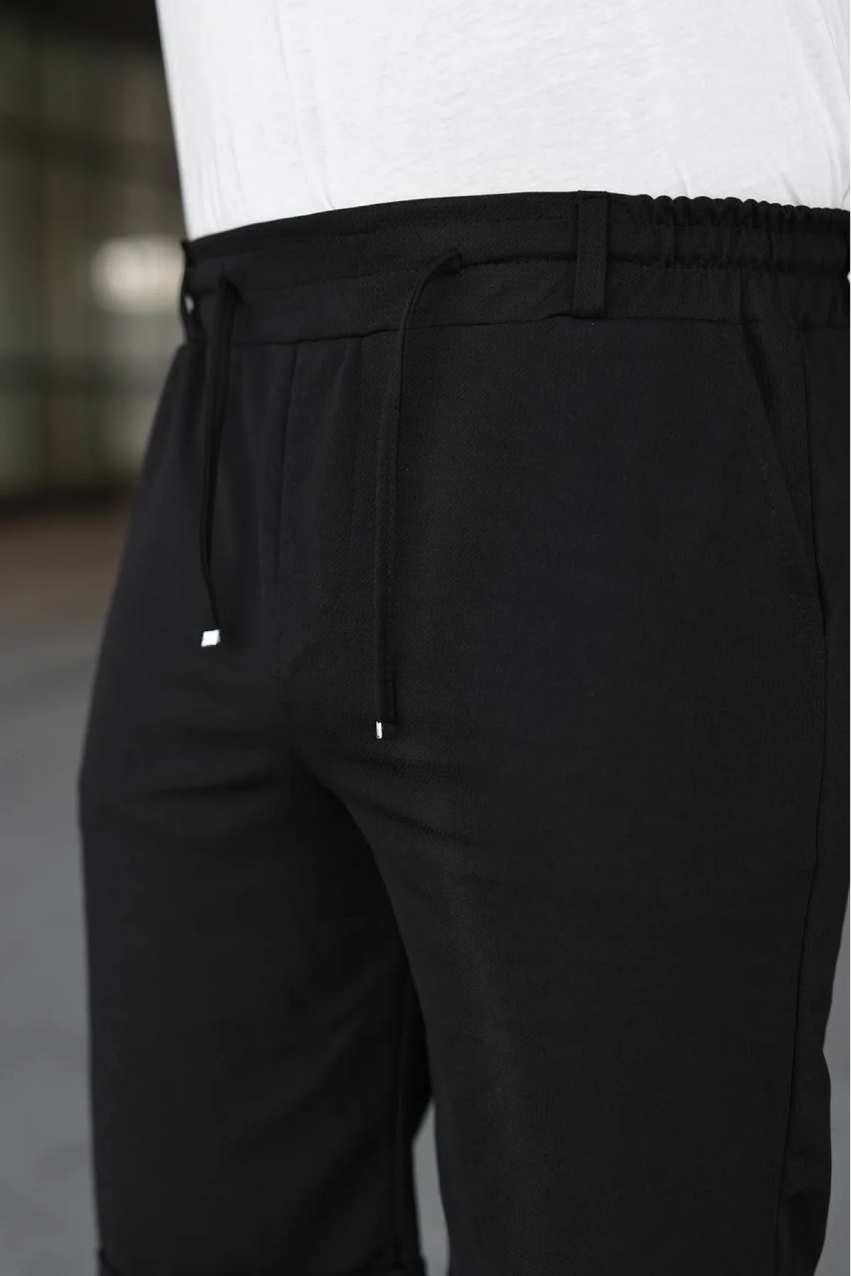 Erkek Diagonel Kumaş Duble Paça Cepli Bağcıklı Bel Lastikli ŞORT - Siyah