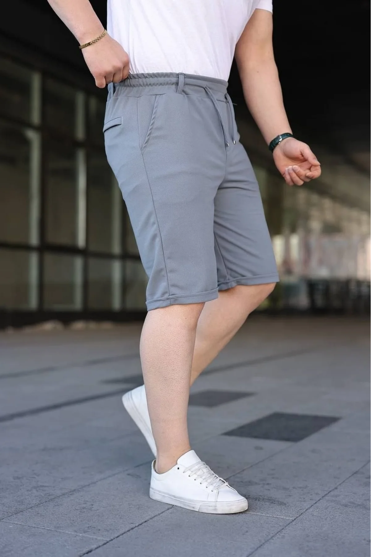 Erkek Diagonel Kumaş Duble Paça Cepli Bağcıklı Bel Lastikli ŞORT - Gri