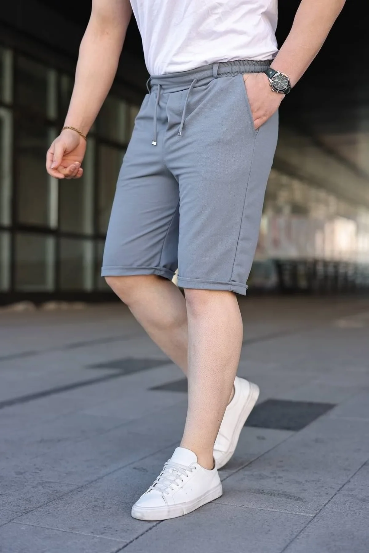 Erkek Diagonel Kumaş Duble Paça Cepli Bağcıklı Bel Lastikli ŞORT - Gri