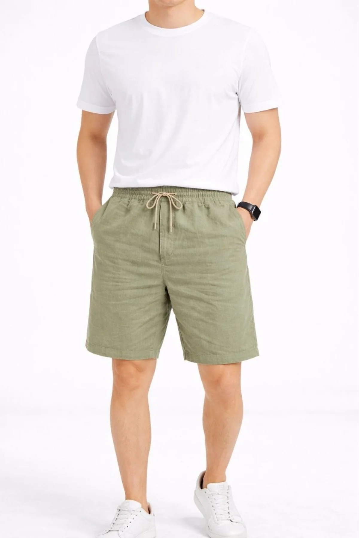 Erkek Keten Kumaş Cepli Rahat Kesim Bel Lastikli Şort - Mint Yeşili