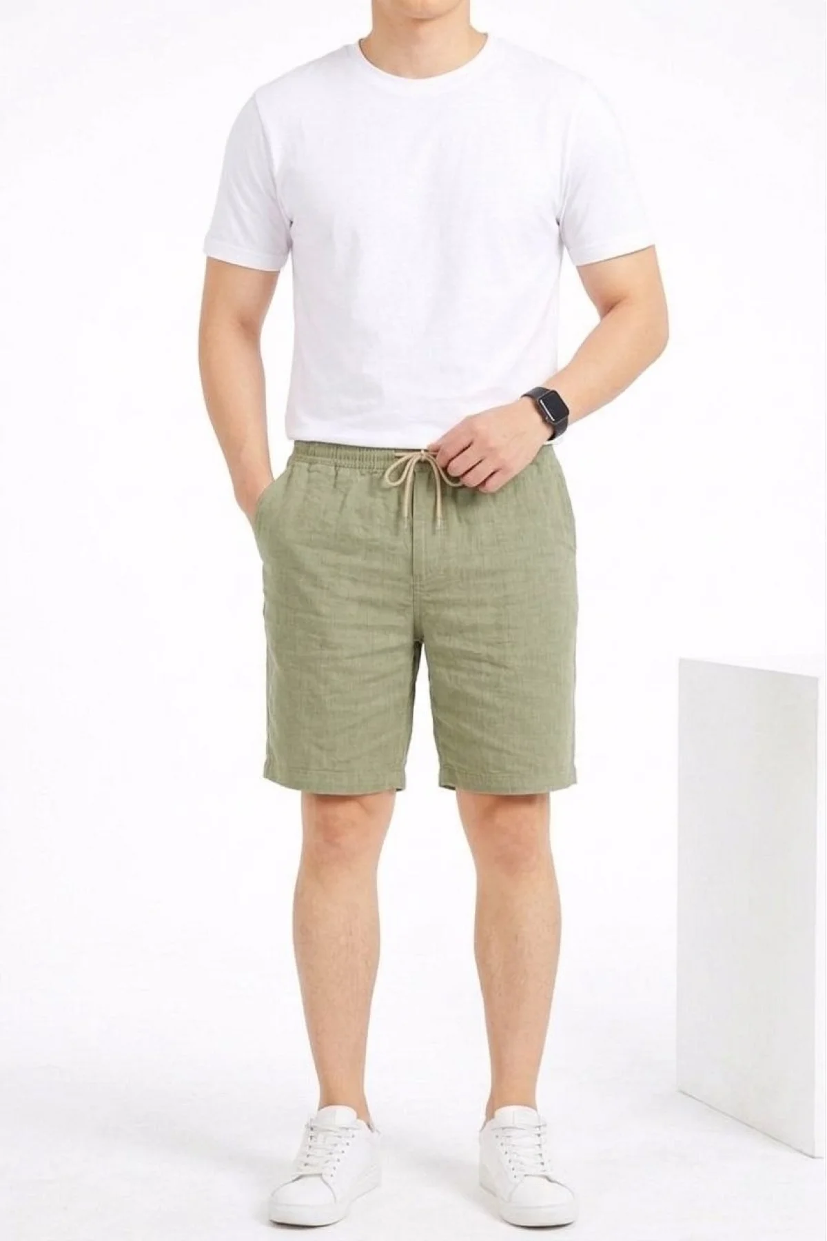 Erkek Keten Kumaş Cepli Rahat Kesim Bel Lastikli Şort - Mint Yeşili