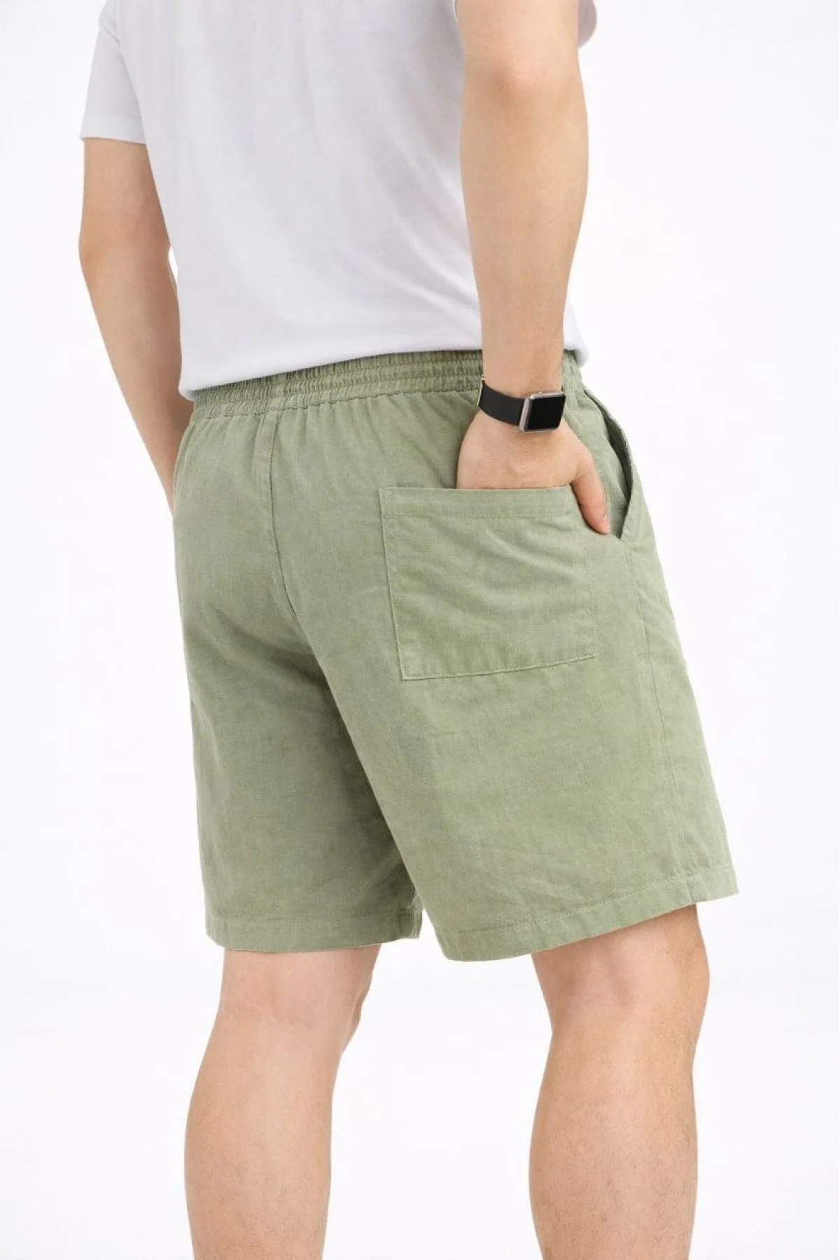 Erkek Keten Kumaş Cepli Rahat Kesim Bel Lastikli Şort - Mint Yeşili