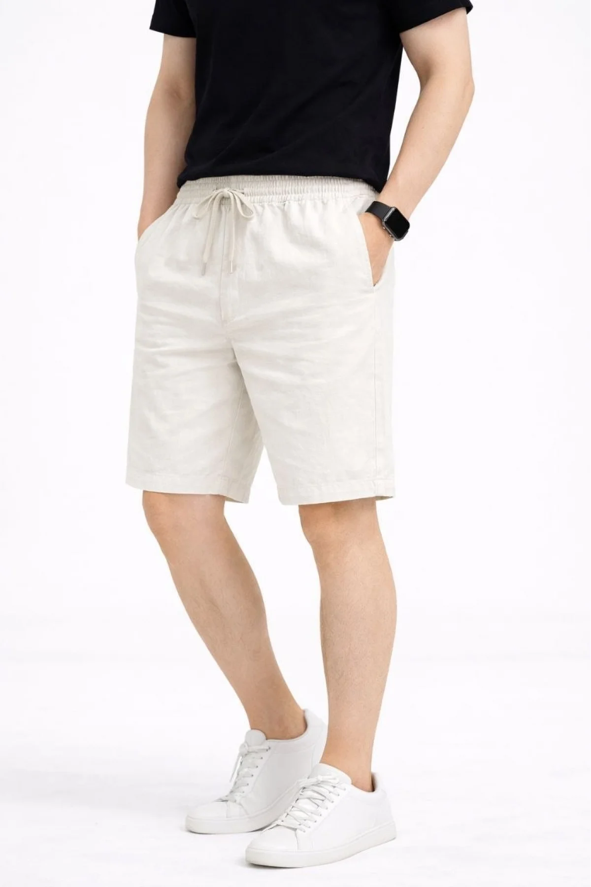 Erkek Keten Kumaş Cepli Rahat Kesim Bel Lastikli Şort - Beyaz