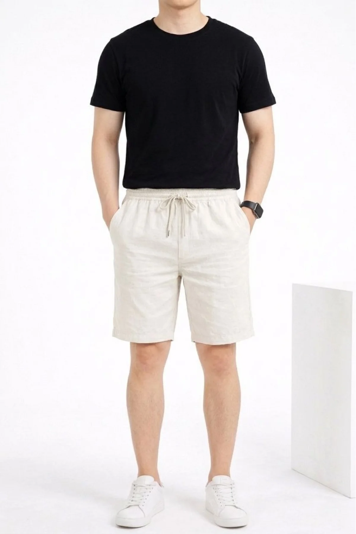 Erkek Keten Kumaş Cepli Rahat Kesim Bel Lastikli Şort - Beyaz