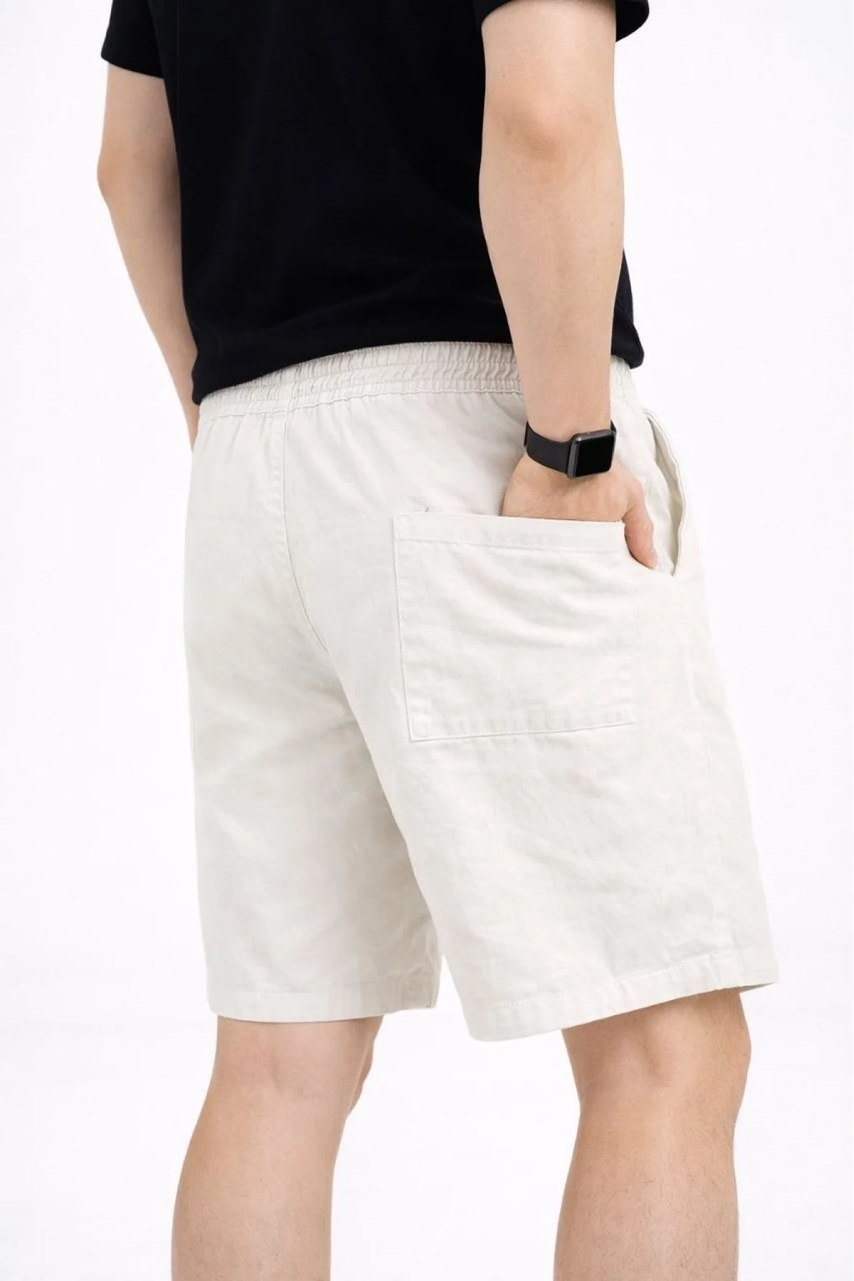 Erkek Keten Kumaş Cepli Rahat Kesim Bel Lastikli Şort - Beyaz
