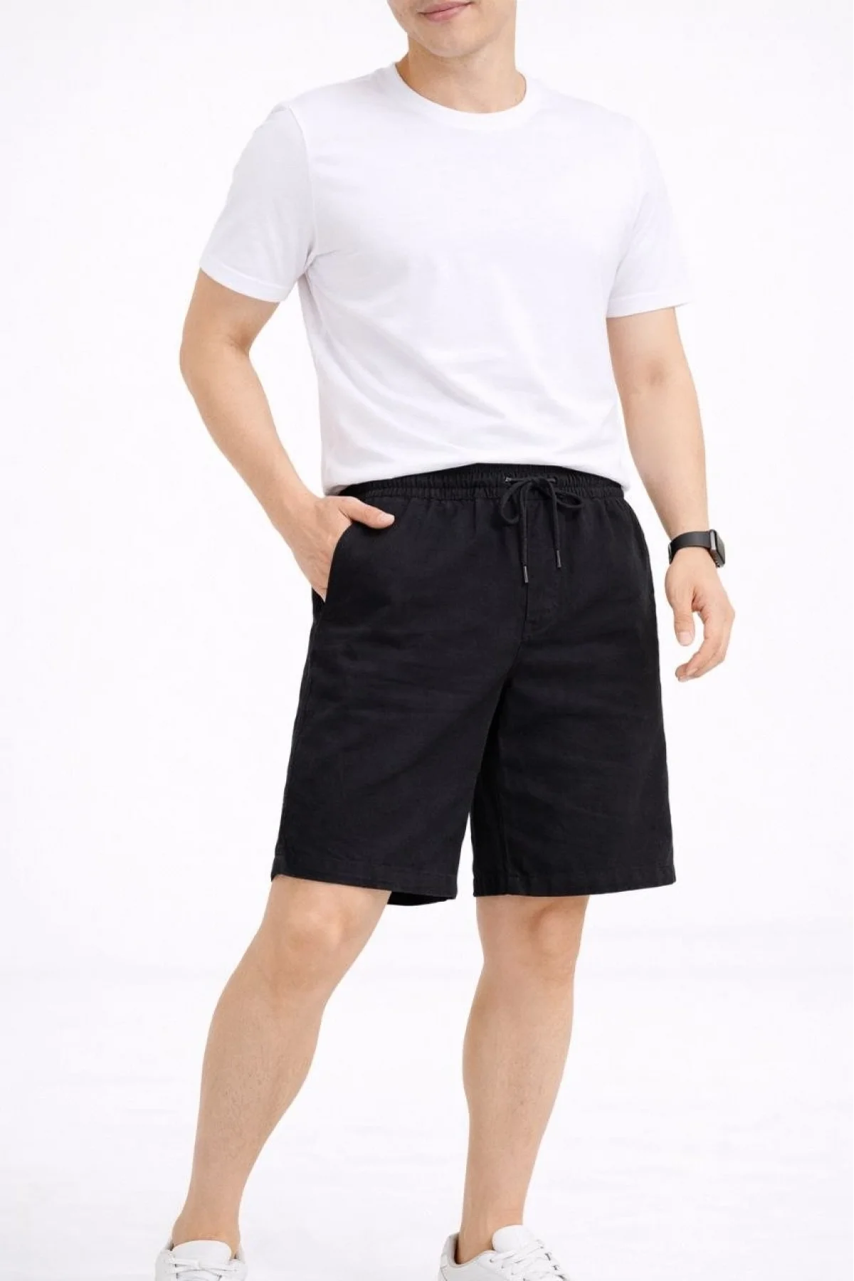 Erkek Keten Kumaş Cepli Rahat Kesim Bel Lastikli Şort - Siyah