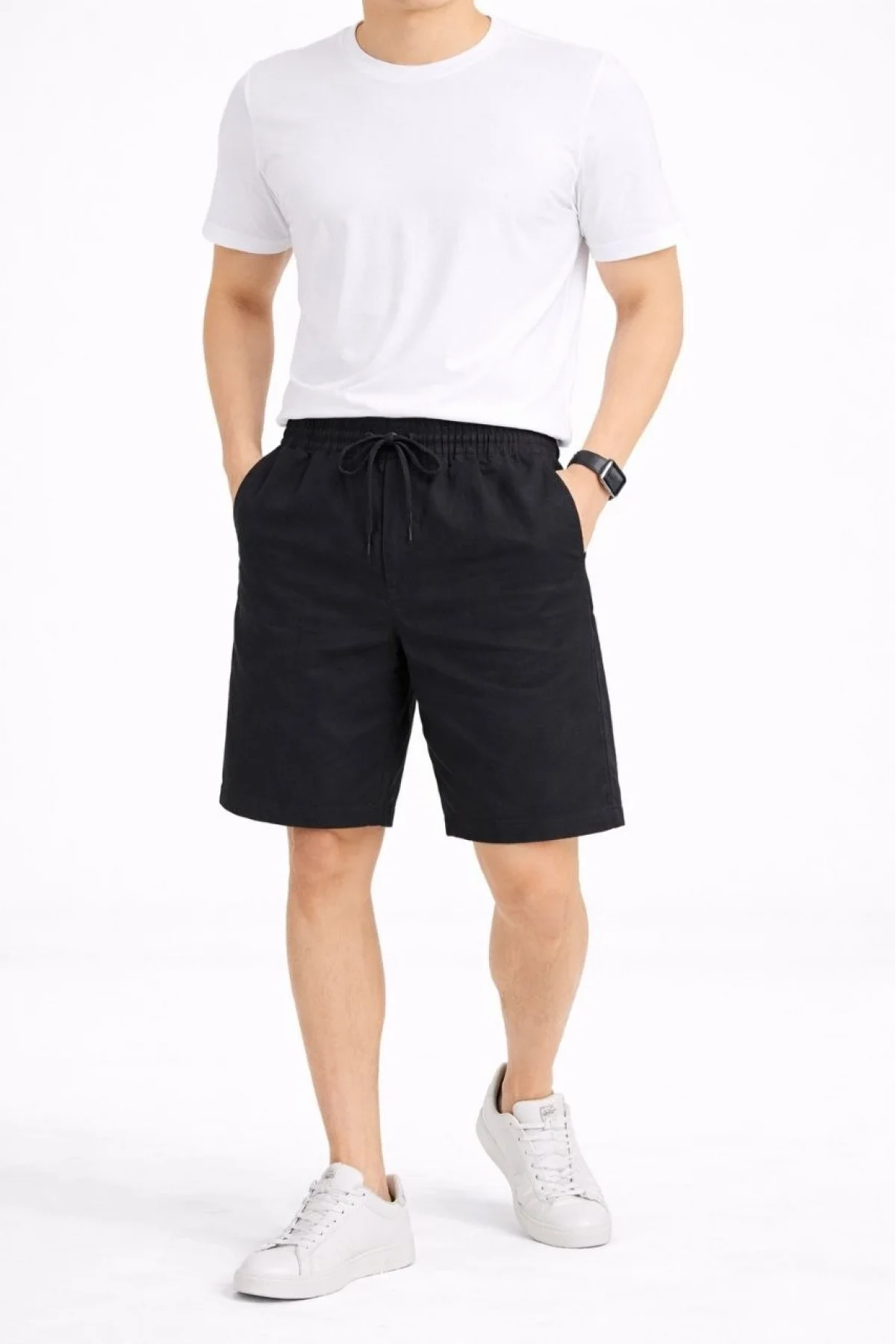 Erkek Keten Kumaş Cepli Rahat Kesim Bel Lastikli Şort - Siyah