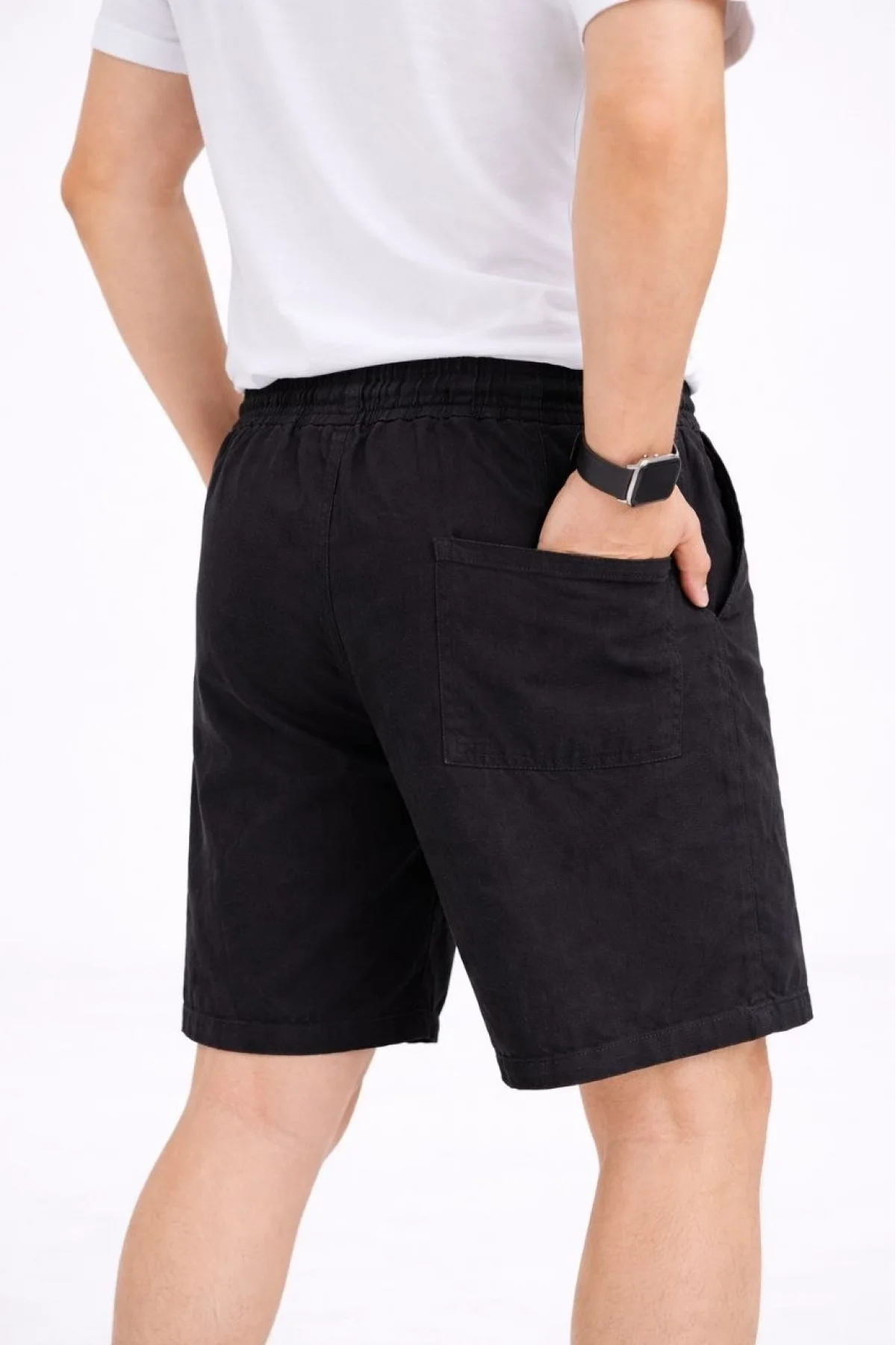 Erkek Keten Kumaş Cepli Rahat Kesim Bel Lastikli Şort - Siyah